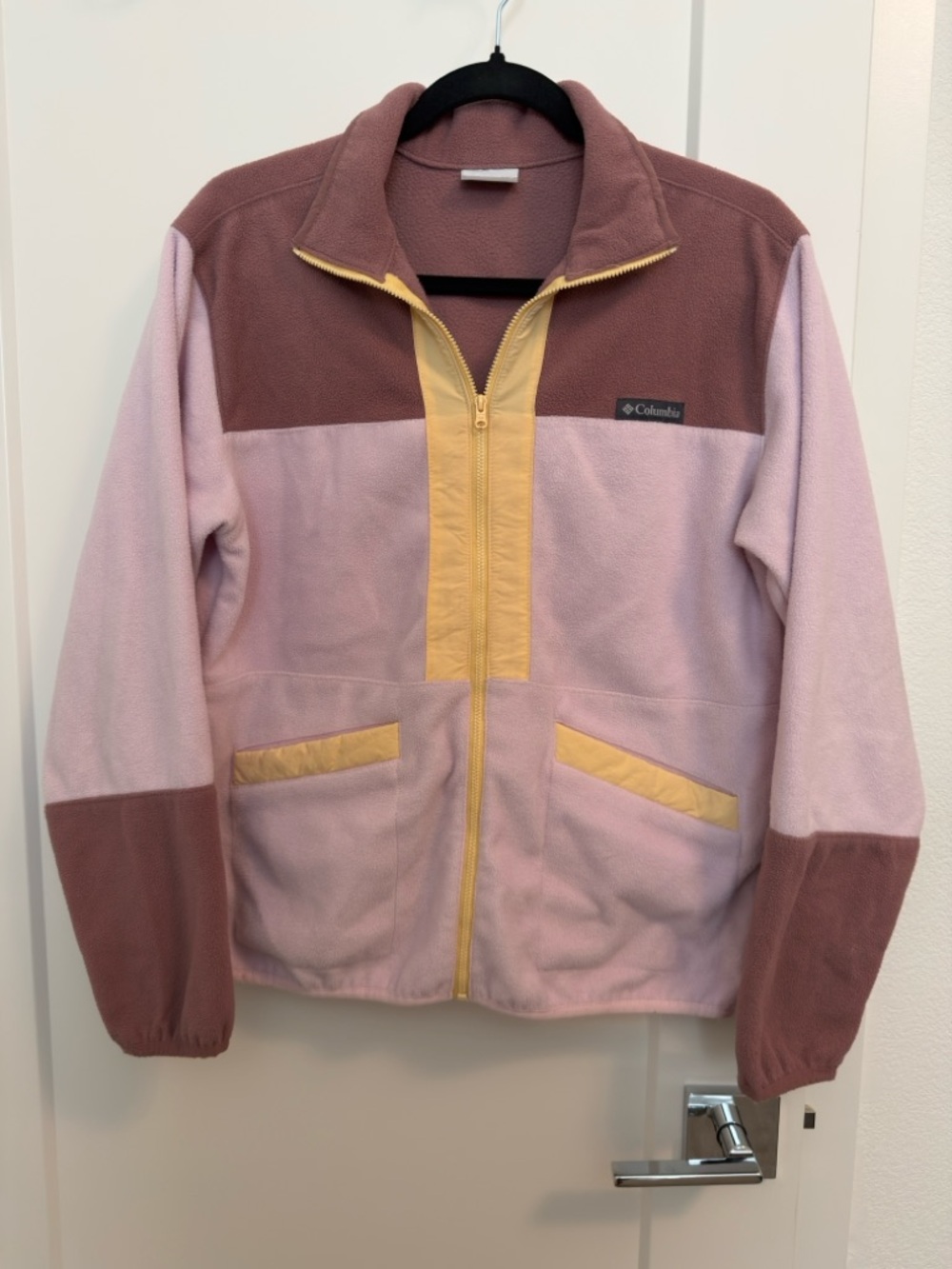Columbia Pink Mauve and Yellow Colorblock Fleece Jacket size small